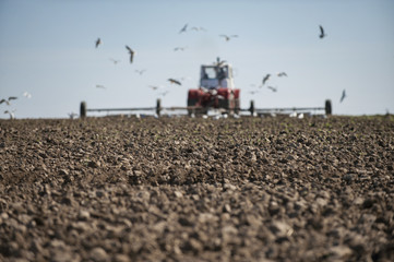 Fototapeta na wymiar tractor ploughing soil beneath a clear blue sky on a beautiful day with seagulls flying around