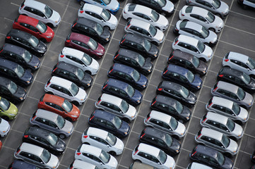 car dealership yard at a port, cars waiting to get through customs