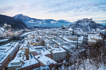Panorama Salzburg during sunset with view on fortress in winter, Austria