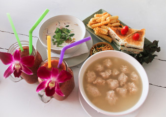 Dining european food in cafe - soup, sandwiches, smoothie