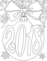 2018 new year black and white poster with tree branch, bauble ball, ribbon and snowflakes.