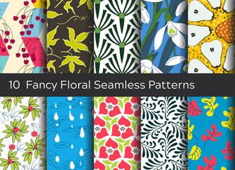 Floral seamless pattern background set. Ornaments with stylized leaves, flowers and fruits - 182094922