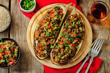 Minced meat quinoa vegetables stuffed eggplants