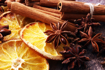 Dry slices of orange, cinnamon, cloves and cardamom.