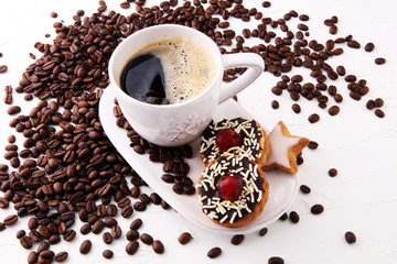 Coffee and Homemade cookies with sugar. Handmade Christmas cookies.