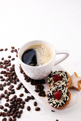 Coffee and Homemade cookies with sugar. Handmade Christmas cookies.