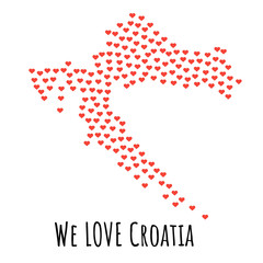Croatia Map with red hearts - symbol of love. abstract background
