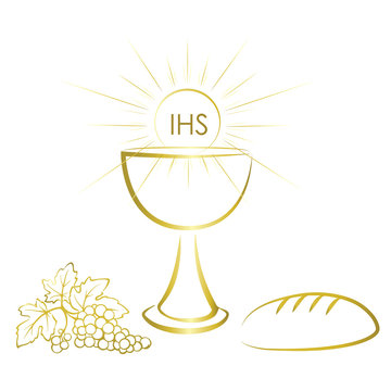 Gold chalice and first communion symbols for a nice invitation design.