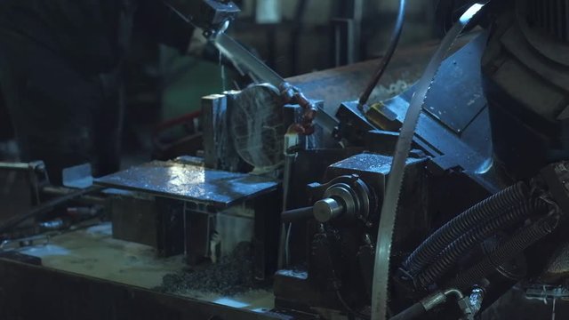 metalworking equipment, bandsaw machine, closeup metal processing, Industrial metal processing, industrial Metalworking equipment