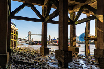 Tide at the Tower Bridge and pier on Thames, London, UK