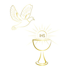Gold chalice and pigeon - first communion sacrament symbols.