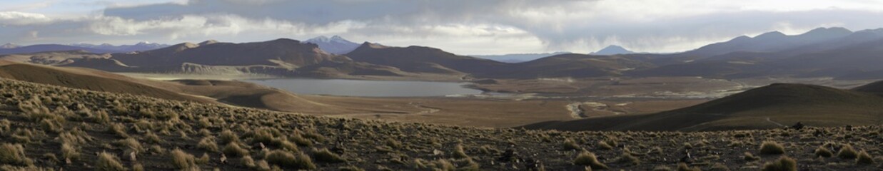 A panorama image of the high desert alpine environment of the Altiplano in Bolivia, with a brilliant blue lake and rolling clouds