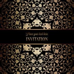 Vintage baroque Wedding Invitation template with damask background. Tradition decoration for wedding. Vector illustration in black and gold
