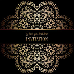 Vintage baroque Wedding Invitation template with damask background. Tradition decoration for wedding. Vector illustration in black and gold