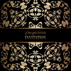 Vintage baroque Wedding Invitation template with damask background. Tradition decoration for wedding. Vector illustration in black and gold