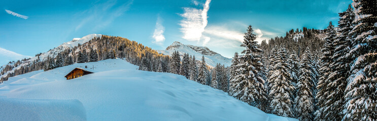 Panorama of Lech, Austria with snow