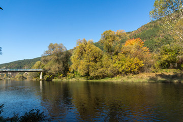 Naklejka na ściany i meble Autumn Landscape of Iskar River near Pancharevo lake, Sofia city Region, Bulgaria