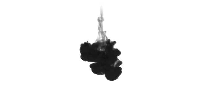 One ink flow, infusion black dye cloud or smoke, ink inject on white in slow motion. Black colour mixes in water. Inky background or smoke backdrop, for ink effects use luma matte like alpha mask