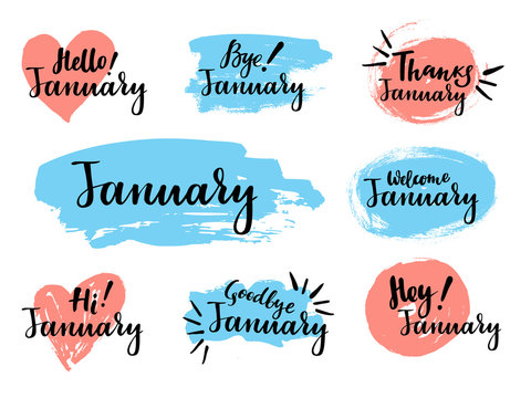 January calligraphic set with spot, heart on the background. Brush calligraphy, hand lettering. For calendar, schedule, diary, journal, postcard, label, sticker and decor.