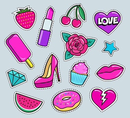 Set of cute fashion patches, strawberry, lipstick, ice-cream, donut, shoe, rose, diamond, lips, watermelon, cherry, cupcake etc. Cartoon stickers, 80s-90s pop art style. Vector illustration
