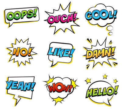 Retro comic speech bubbles set on white background. Expression text BANG, OUCH, NO, HELLO, YEAH, DAMN, LIKE, COOL, WOW. Vector illustration, pop art style.