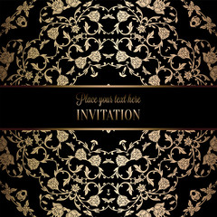 Vintage baroque Wedding Invitation template with damask background. Tradition decoration for wedding. Vector illustration in black and gold
