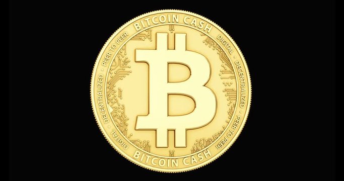 Golden Bitcoin Cash coin spinning in perfect loop isolated on black background. 4K video. 3D rendering. 