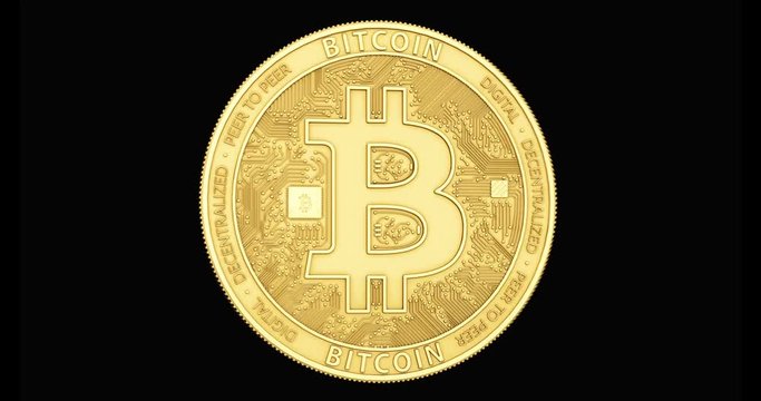 Golden Bitcoin coin spinning in perfect loop isolated on black background. 4K video. 3D rendering. 