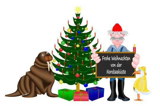 Weihnachtsabend in Norddeutschland, frohe Weihnachten von der Nordseek&uuml;ste, wei&szlig;er Hintergrund