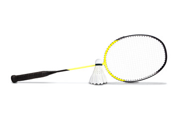 Yellow Graphite Badminton Racket and Shuttlecock Isolated on White