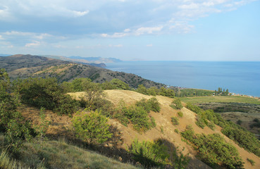 Fototapeta na wymiar Landscape view to the mountains and sea. Coast of the Black Sea, Crimea 