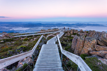 The view overlooking Hobart from Mount Wellington in Tasmania at sunset