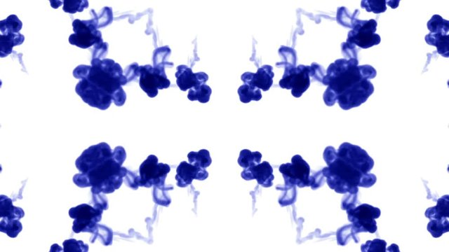 Abstract background of ink or smoke flows is kaleidoscope or Rorschach inkblot test6. Isolated on white in slow motion. Blue Ink fall in water. For alpha channel use luma matte as alpha mask