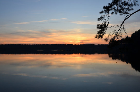 Beautiful orange sunset over the lake
