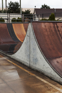 Empty skate park in the rain
