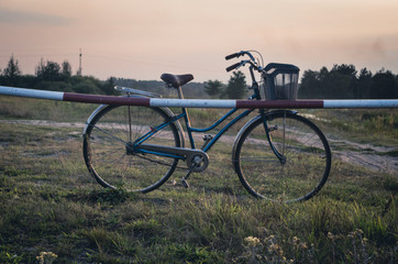 Old vintage bike on the meadow against sunset sky