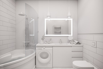 3d illustration of an interior design of a white minimalist bathroom. Modern Scandinavian style of interior. Bathroom without textures and materials