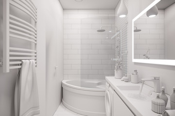 3d illustration of an interior design of a white minimalist bathroom. Modern Scandinavian style of interior. Bathroom without textures and materials