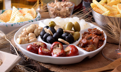 Tray and bowls with starters and snacks