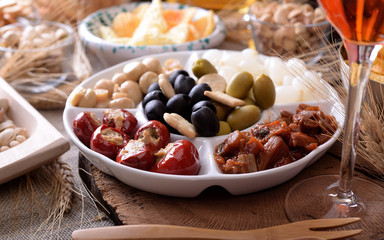 Tray and bowls with starters and snacks