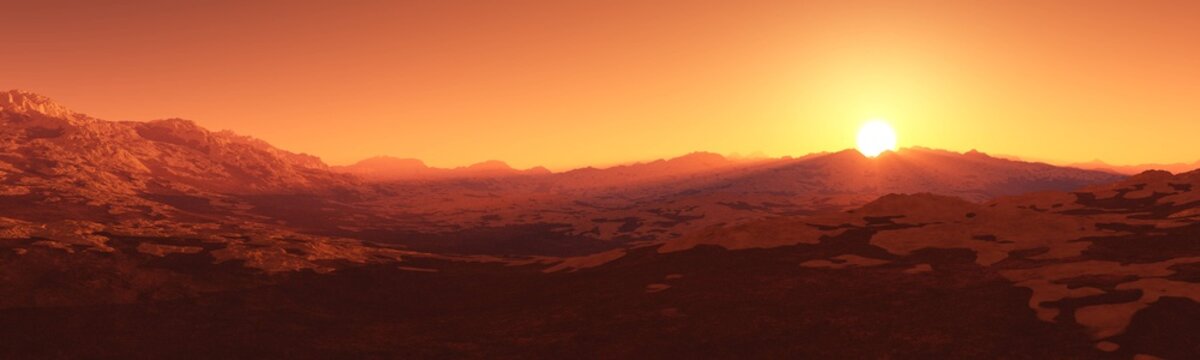 red planet, panorama of the surface of Mars, sunset on Mars