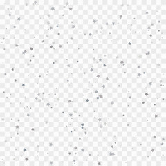 Abstract pattern of random falling silver stars on transparent background. Elegant pattern for banner, greeting card, Christmas and New Year card, invitation, postcard, paper packaging.