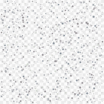 Silver glitter falling stars confetti. Silver sparkle star on transparent background. Vector template for New year, Christmas, birthday, party, wedding, card, invitation, flyer, voucher, web, header.