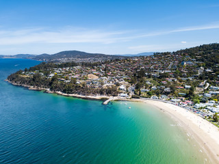 An aerial view of a Kingston Beach in Hobart, Tasmania, Australia