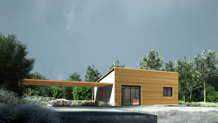 Very small modern house in nature.
Low energy, very small house in nature landscape with wood plank facade.