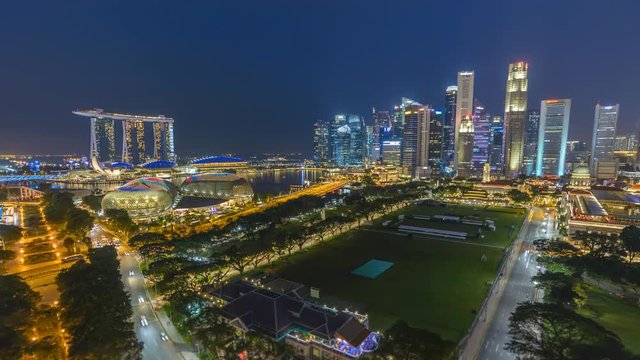 Singapore business district city skyline high angle view night timelapse, Marina Bay, Singapore 4K Time lapse