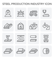 Steel production industry, manufacturing and metallurgy vector icon consist of worker, mining, factory plant and machine i.e. production line, furnace, foundry. Include process to casting product.