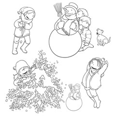Children Playing in the Snow Set, Kids, Dog, Snowman with Broom, Winter Games Theme, Character Design, Coloring Page, Vector Illustration