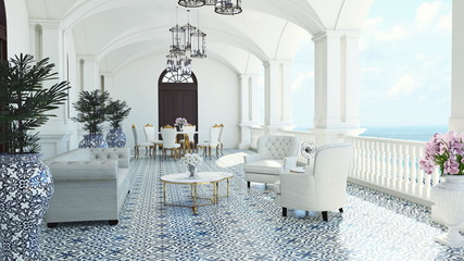 3d render from imagine classic luxury balcony sea view  Italy Mediterranean