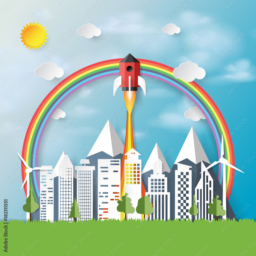 Poster rocket ship icon with city background paper art style.nature landscape and business start up concept